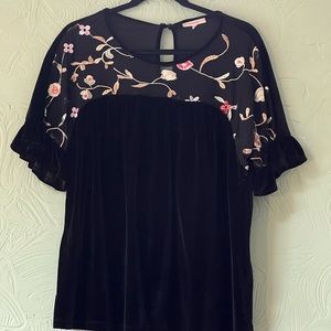 Black velvet top with floral embroidery. Brand: Pleione Size: Large